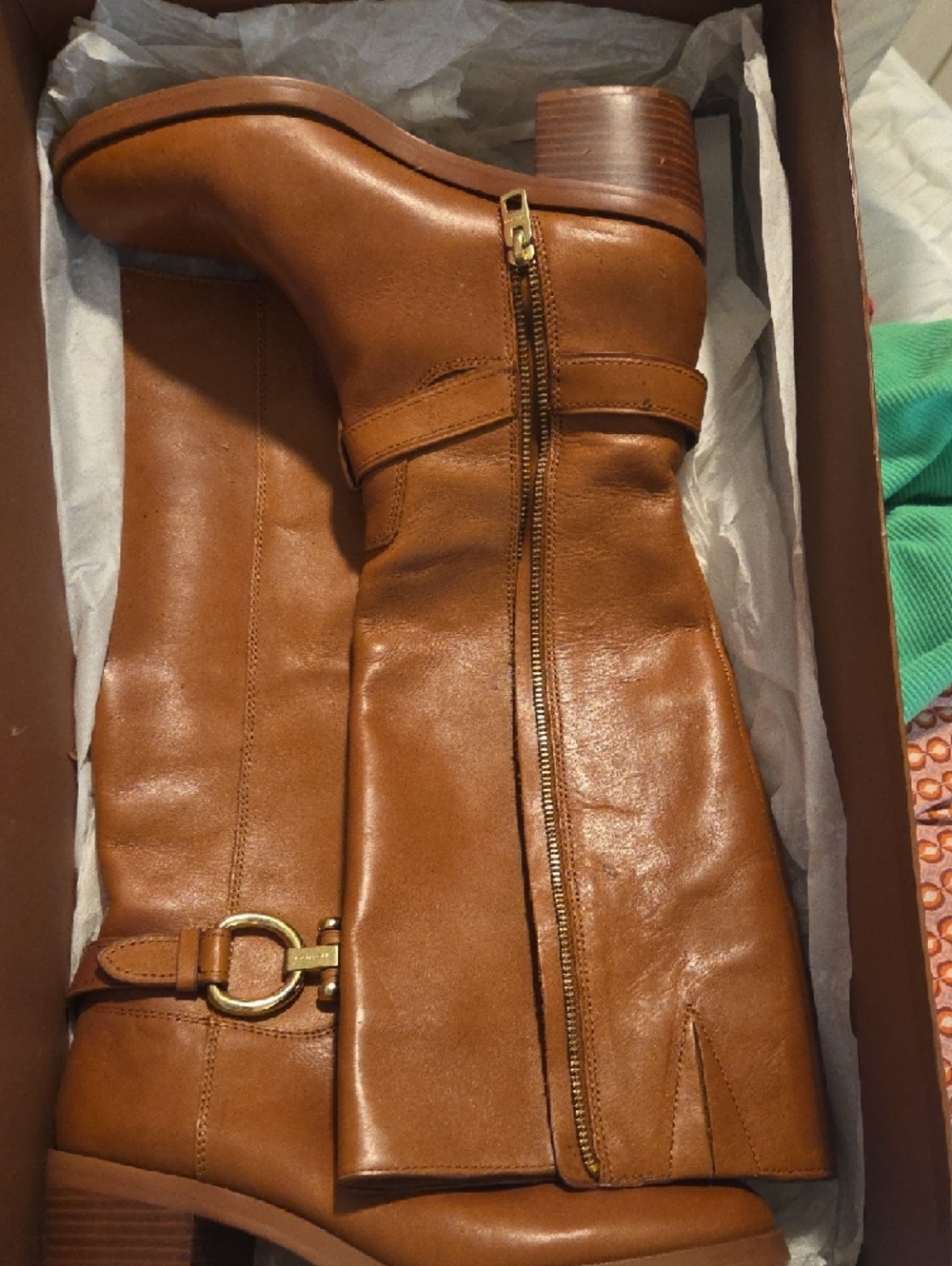 Women's Coach Tall Leather Riding Boots with Gold Buckle - Tan, Size 9 - Picture 4 of 7